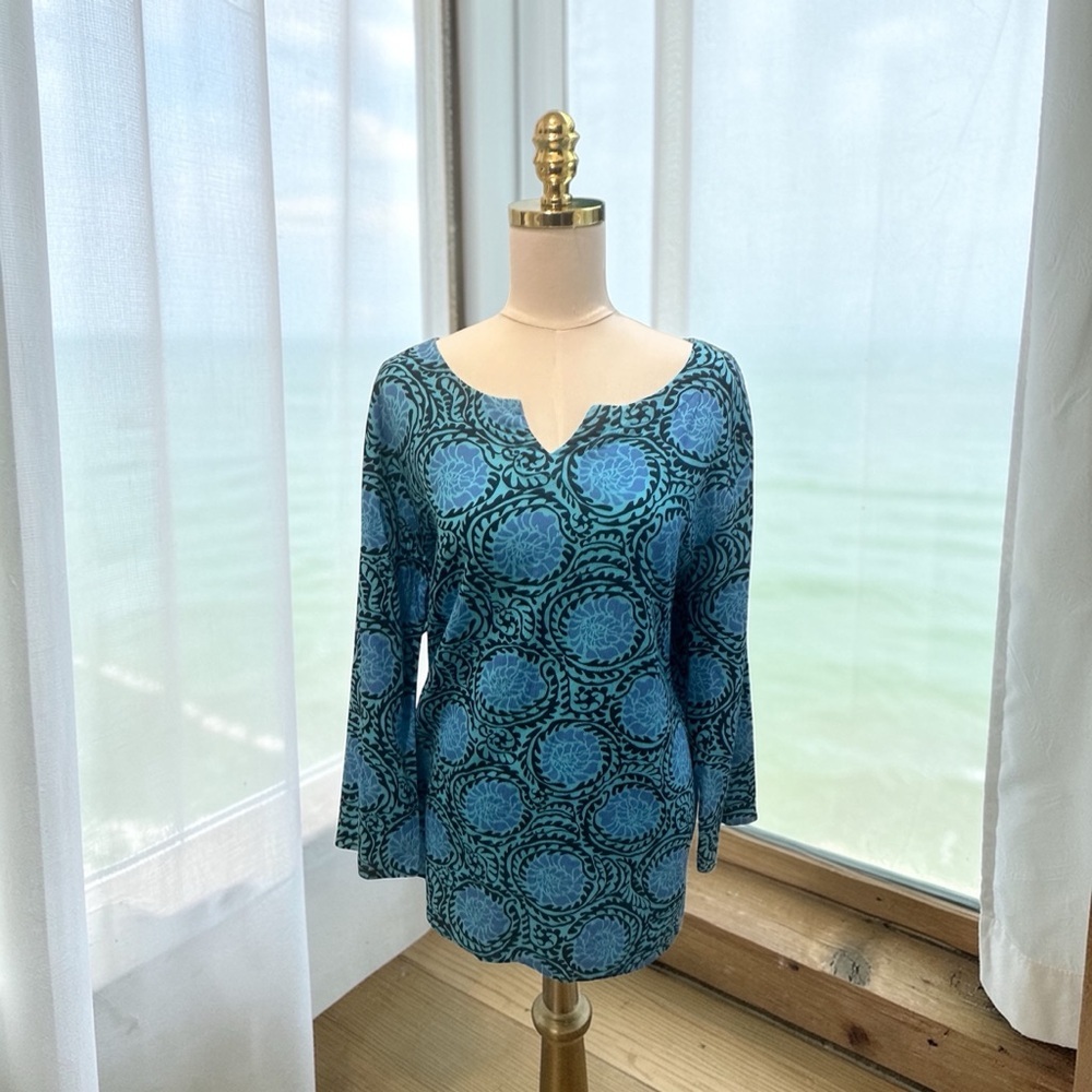 Icantoo Women’s Tunic Damask Pattern Aqua Purple 100% Cotton Sz XL Coastal